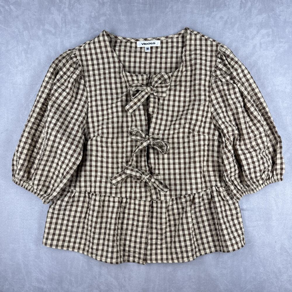 Vigoss Women's Gingham Tie Front Peplum Blouse Brown Cream Puff Sleeve Size M